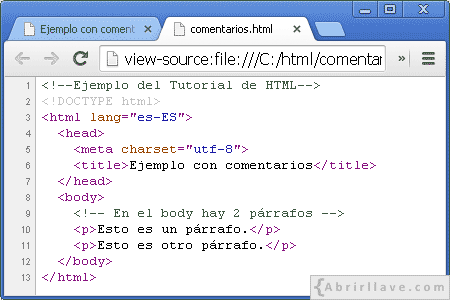 Código fuente de la página web comentarios.html en Google Chrome