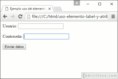 Visualización del archivo uso-elemento-label-y-atributo-for.html en Google Chrome, donde se han definido dos elementos label con atributos for.