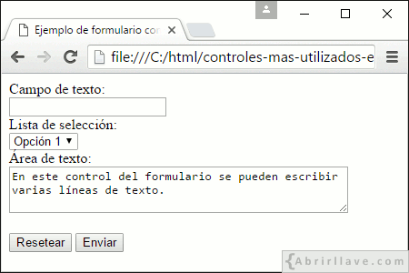 Visualización del archivo controles-mas-utilizados-en-formularios.html en Google Chrome, donde se ha definido un formulario con elementos button, input, select y textarea.