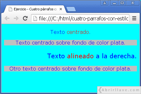 Visualización del archivo cuatro-parrafos-con-estilos.html en Google Chrome, donde se aplica estilo a cuatro párrafos.