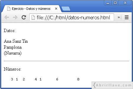 Visualización del archivo datos-numeros.html en Google Chrome, donde se usan los elementos p, pre, br y hr.