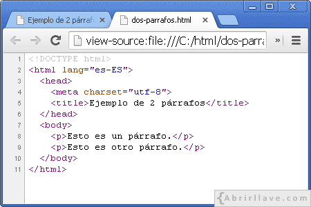 Código fuente de la página web dos-parrafos.html en Google Chrome