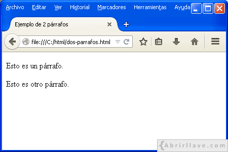 Visualización del archivo dos-parrafos.html en Mozilla Firefox - Ejemplo del tutorial de HTML de {Abrirllave.com