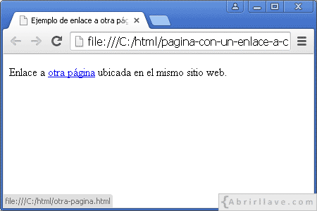 Visualización del archivo otra-pagina.html en Google Chrome, donde se ha puesto un enlace a otra página ubicada en el mismo sitio web.