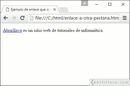 Visualización del archivo enlace-a-otra-pestana.html en Google Chrome, donde se ha definido un enlace para que se abra en otra pestaña.