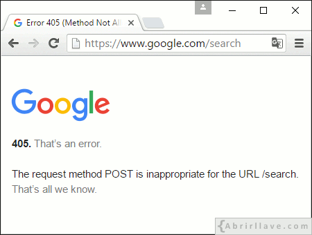 Visualización de error 405 en Google al utilizar el método POST en un formulario para solicitar una búsqueda.