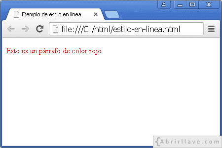 Visualización del archivo estilo-en-linea.html en Google Chrome, donde se ve un párrafo de color rojo aplicando estilo en línea.