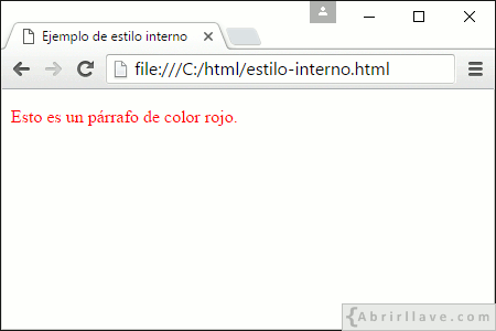 Visualización del archivo estilo-interno.html en Google Chrome, donde se ve un párrafo de color rojo aplicando estilo interno.