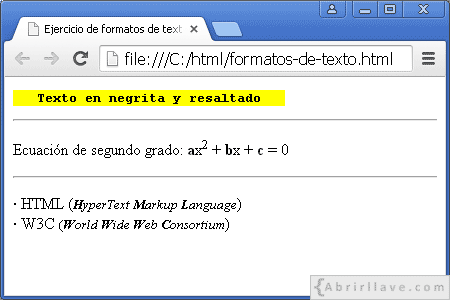 Visualización del archivo formatos-de-texto.html en Google Chrome, donde se usan algunos elementos de formato de texto.