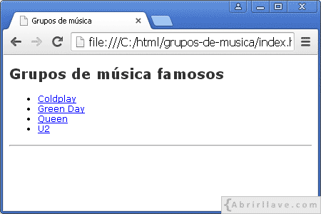 Visualización del archivo index.html de grupos de música en Google Chrome, donde se muestra un listado de grupos de música famosos.