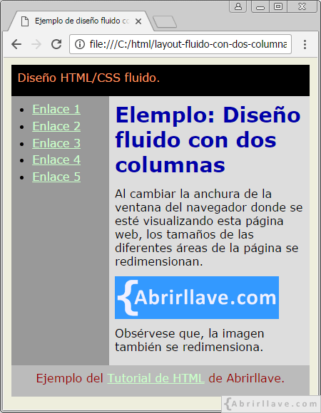Visualización del archivo layout-fluido-con-dos-columnas.html en Google Chrome, donde se ha diseñando un layout HTML/CSS con dos columnas.