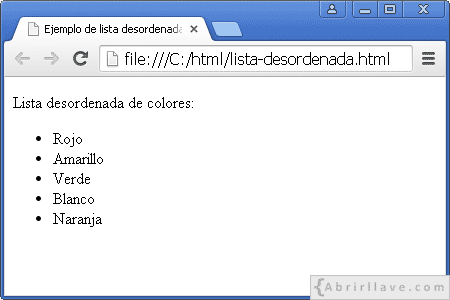 Visualización del archivo lista-desordenada.html en Google Chrome, donde se ve una lista desordenada de colores.