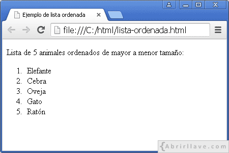 Visualización del archivo lista-ordenada.html en Google Chrome, donde se ve una lista de animales ordenados por su tamaño, de mayor a menor.
