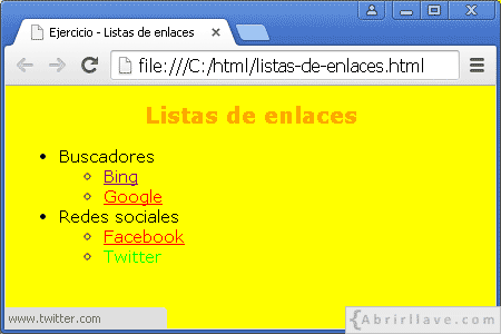Visualización del archivo listas-de-enlaces.html en Google Chrome, con enlaces un enlace activo.