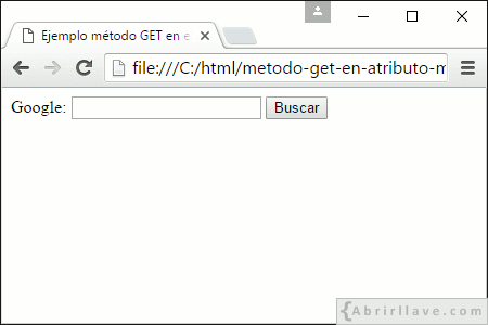 Visualización del archivo metodo-get-en-atributo-method.html en Google Chrome, donde al atributo method de un formulario se le ha asignado el método GET.