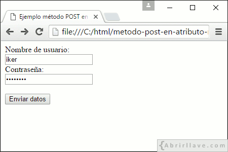 Visualización del archivo metodo-post-en-atributo-method.html en Google Chrome, donde al atributo method de un formulario se le ha asignado el método POST.