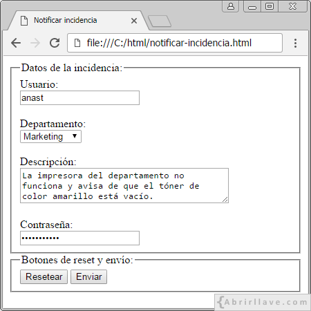 Visualización del archivo notificar-incidencia.html en Google Chrome, donde a través de un formulario se comunica una incidencia en una impersora.