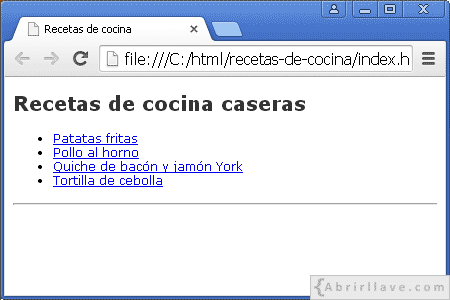 Visualización del archivo index.html de recetas de cocina en Google Chrome, donde se muestra un listado de recetas de cocina.