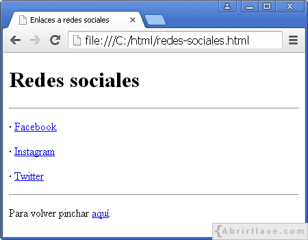 Visualización del archivo redes-sociales.html en Google Chrome, con enlaces a redes sociales de internet.