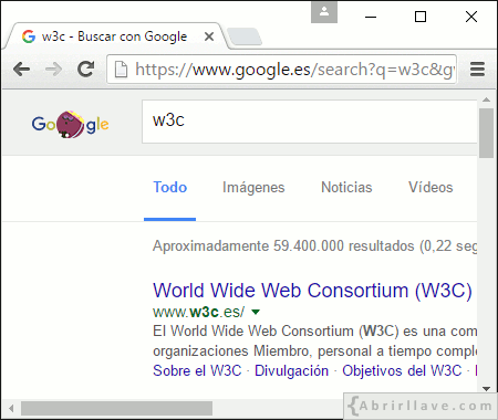 Visualización en un navegador web del resultado de hacer una búsqueda en Google a través de un formulario utilizando el método GET.