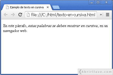Visualización del archivo texto-en-cursiva.html en Google Chrome, donde se muestra texto en cursiva.