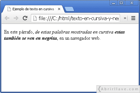 Visualización del archivo texto-en-cursiva-y-negrita.html en Google Chrome, donde se muestra texto en cursiva y negrita.