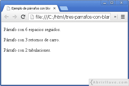 Visualización del archivo tres-parrafos-con-blancos.html en Google Chrome, donde las tabulaciones, retornos de carro y varios espacios se muestran como un único espacio.