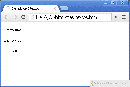 Visualización del archivo tres-textos.html en Google Chrome, donde se muestran tres párrafos con la etiqueta p.