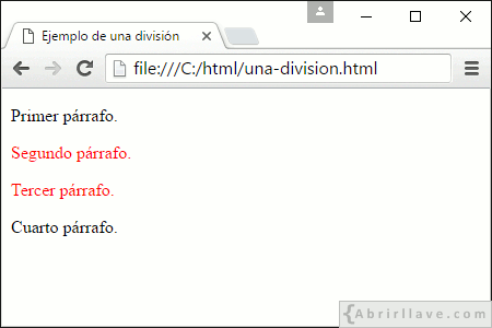 Visualización del archivo una-division.html en Google Chrome, donde se hace uso de un elemento div.