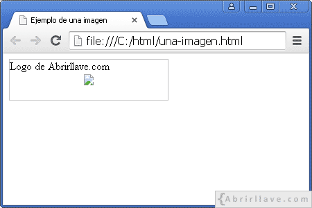 Visualización del archivo una-imagen.html en Google Chrome, donde se muestra el valor del atributo alt.