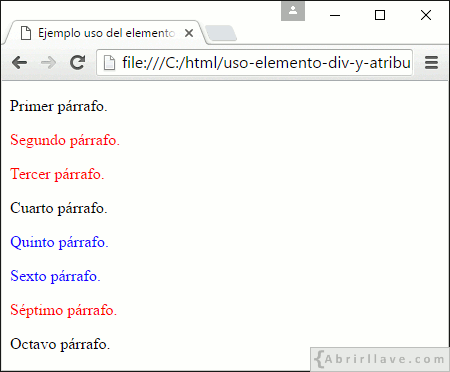 Visualización del archivo uso-elemento-div-y-atributo-class.html en Google Chrome, donde se hace uso de varios elementos div y del atributo class.