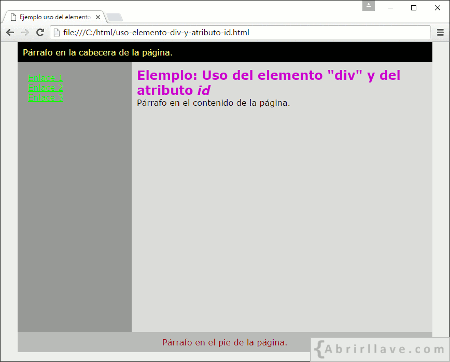 Visualización del archivo uso-elemento-div-y-atributo-id.html en Google Chrome, donde se hace uso de varios elementos div y del atributo id.