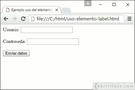 Visualización del archivo uso-elemento-label.html en Google Chrome, donde se han escrito dos elementos label en un formulario.