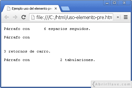 Visualización del archivo uso-elemento-pre.html en Google Chrome, apreciándose el uso del elemento pre.