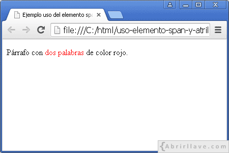 Visualización del archivo uso-elemento-span-y-atributo-class.html en Google Chrome, donde se aplica estilo a parte del texto de un párrafo.