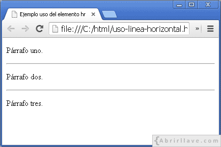 Visualización del archivo uso-linea-horizontal.html en Google Chrome, mostrándose el uso del elemento hr para insertar una línea horizontal.