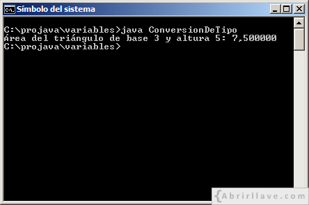 Ejecución del programa ConversionDeTipo escrito en Java, donde se calcula el área de un triángulo correctamente.