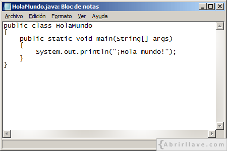 HolaMundo.java creado con el Bloc de notas en Windows.