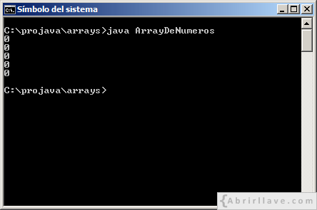 Ejecución del programa ArrayDeNumeros escrito en Java, donde se muestran los valores de un array de enteros.