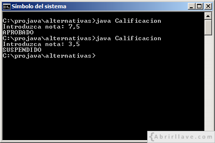 Ejecución del programa Calificacion escrito en Java, donde se califica en función de la nota.