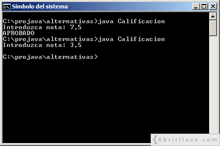 Ejecución del programa Calificacion escrito en Java, donde se califica solo si la nota es mayor o igual que 5.