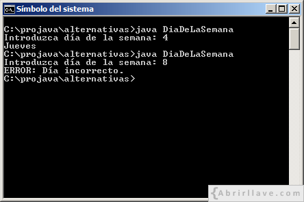 Ejecución del programa DiaDeLaSemana escrito en Java, donde se muestra el día de la semana en función del número de día introducido por el usuario.