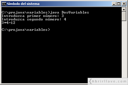 Ejecución del programa DosVariables escrito en Java.