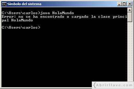 Error al intentar ejecutar HolaMundo sin estar configurada la variable de entorno CLASSPATH.