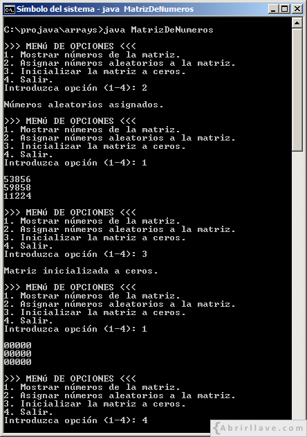 Ejecución del programa MatrizDeNumeros escrito en Java, donde el usuario puede seleccionar 4 opciones de un menú.