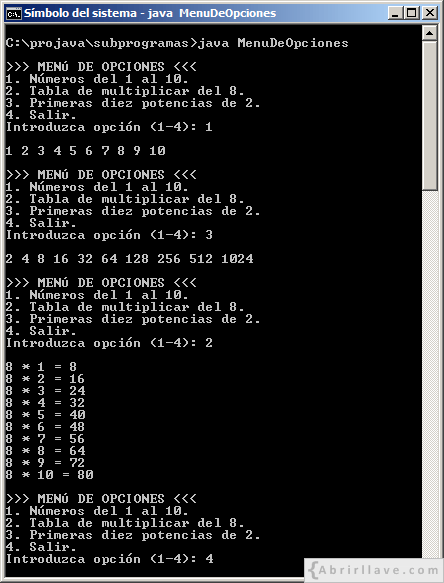 Ejecución del programa MenuDeOpciones escrito en Java, donde se muestra un menú de opciones y el usuario puede elegir cuál de ellas ejecutar.