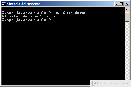 Ejecución del programa Operadores escrito en Java, donde se usan operadores con variables.