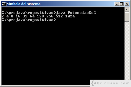 Ejecución del programa PotenciasDe2 escrito en Java, donde se muestran las primeras diez potencias de 2.