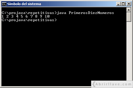 Ejecución del programa PrimerosDiezNumeros escrito en Java, donde se muestran los diez primeros números naturales por pantalla, del 1 al 10.