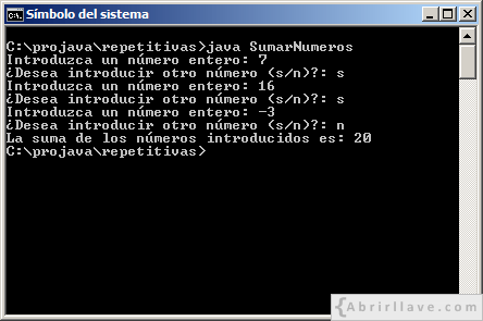 Ejecución del programa SumarNumeros escrito en Java, donde se muestra la suma de números enteros introducidos por el usuario.